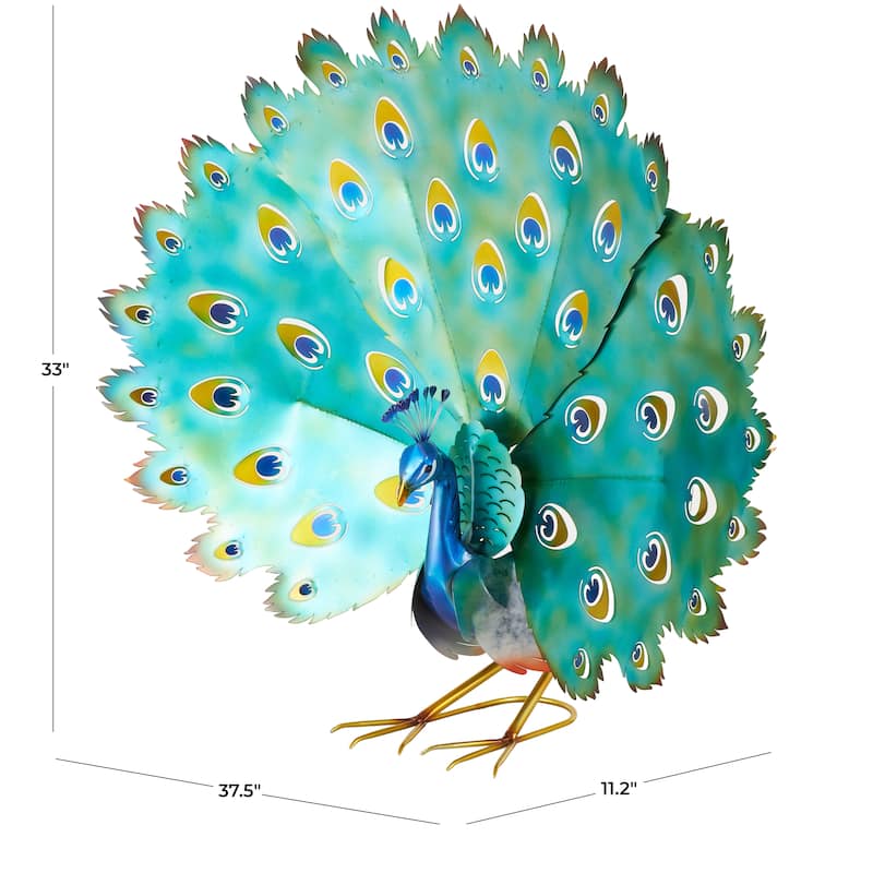 Metal Peacock Garden Sculpture with Gold Legs and Teal Wings - Blue - Roche River Decor