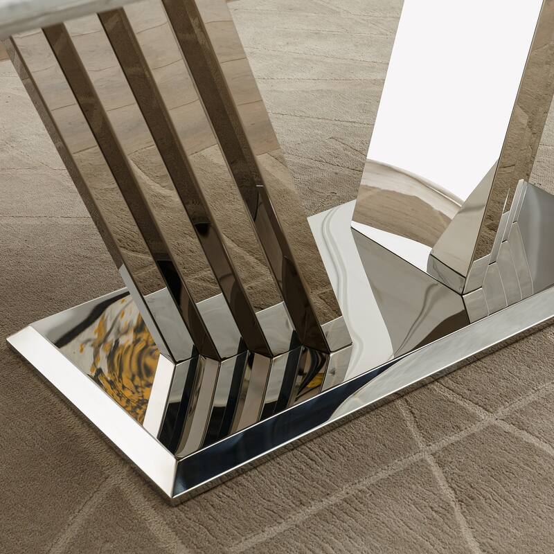 70'' Rectangle Faux Marble Dining Table with Mirrored Finish Stainless Steel Base - Silver+White