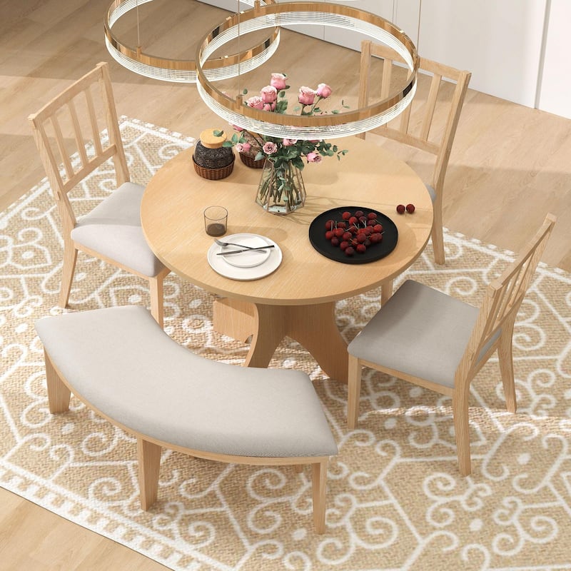 5-Piece Rustic Charm Round Dining Set - 3 Upholstered Chairs with Curved Bench