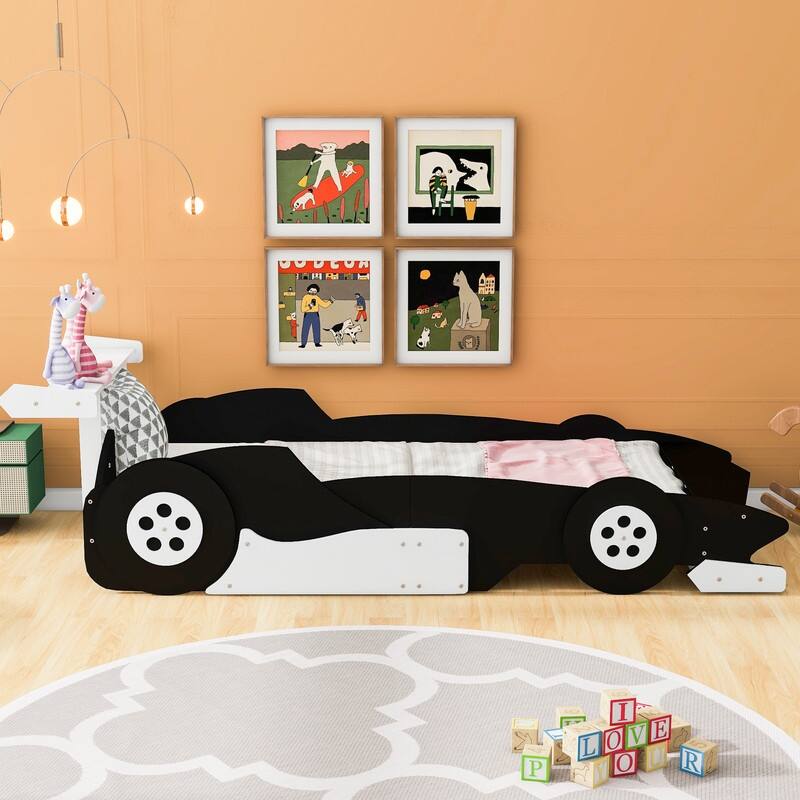 Race Car-Shaped Twin Size Platform Bed with Wheels,Shelf