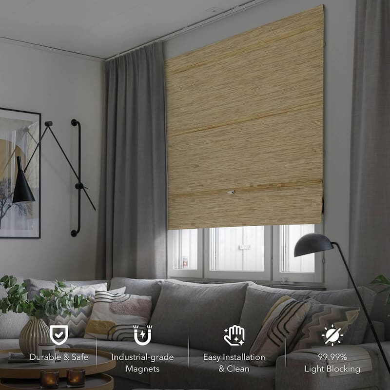 GoDear Design 99.99% Blackout Magnetic Roman Shades, No Drill Cordless Woven Fabric Blinds - 23", 37", 35", 46" W, Ocher - Ocher-23"W