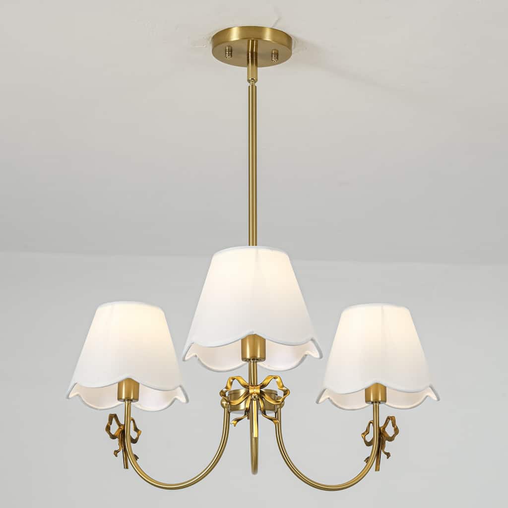 Rennnsan 3-Light Modern Classic Gold Bow Detail Fabric Shade Chandelier for Dining Room - 23.6 in. W x 11 in. H