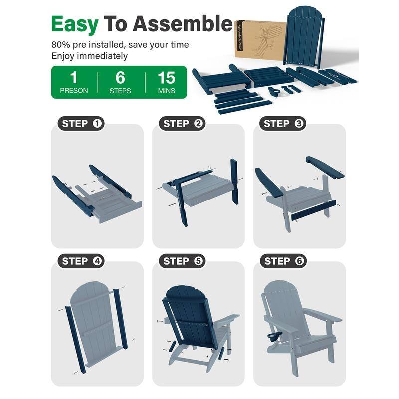 WINSOON Outdoor All-Weather HDPE Folding Adirondack Chair with Ottoman, Cup Holder & Adjustable Back Set of 2