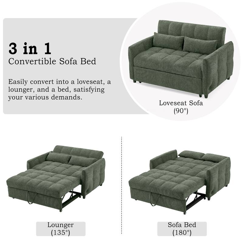 Roomfitters 53 Inch Convertible Loveseat Sofa Bed with Adjustable Backrest and USB Ports, Green Chenille