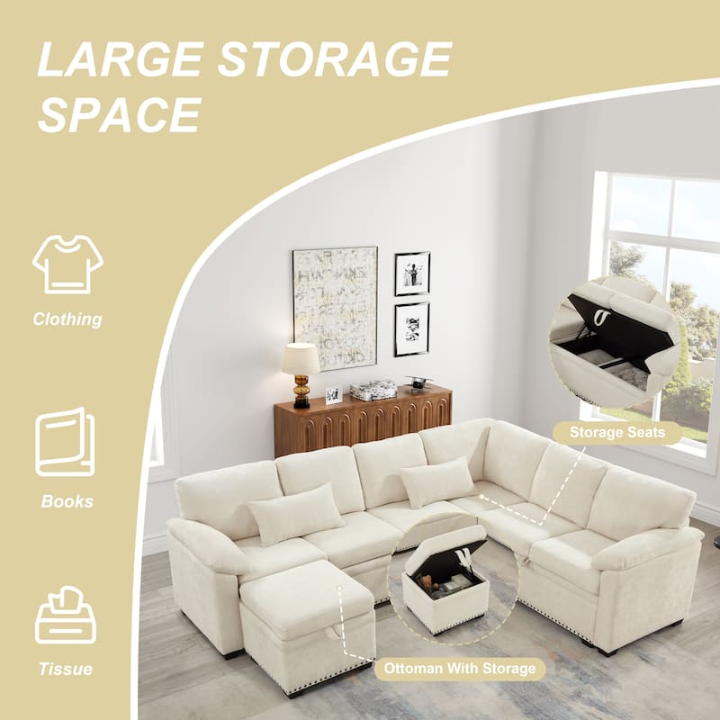 L-Shaped Chenille Sectional Sofa with Pull-Out Bed, Upholstered Convertible 7-Seater Sofa with Storage Ottoman & 2 Pillows