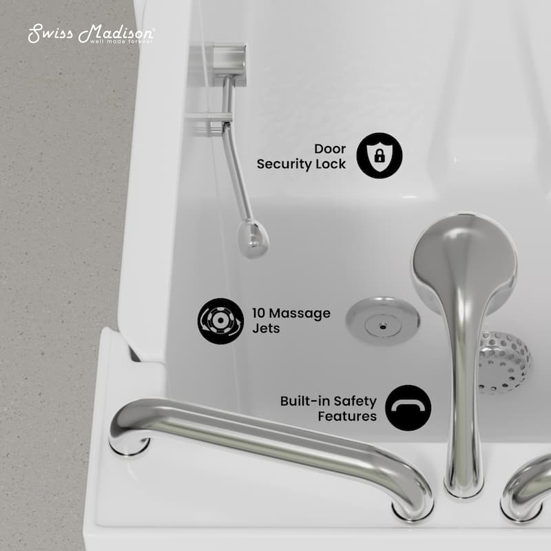 Auvergne 53" X 27" Ada Right Drain Walk-In Soaking Bathtub In White with Faucet Set, Drain, Grab Bars, Pillow - 53