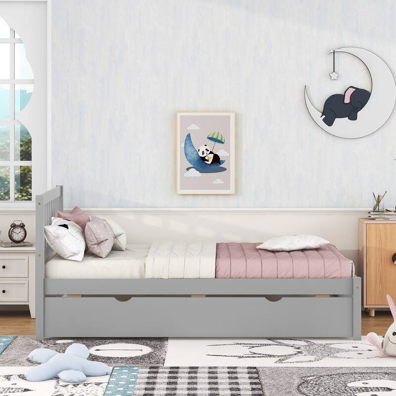 Twin Size Wooden Platform Bed Frame with Trundle Bed & Headboard
