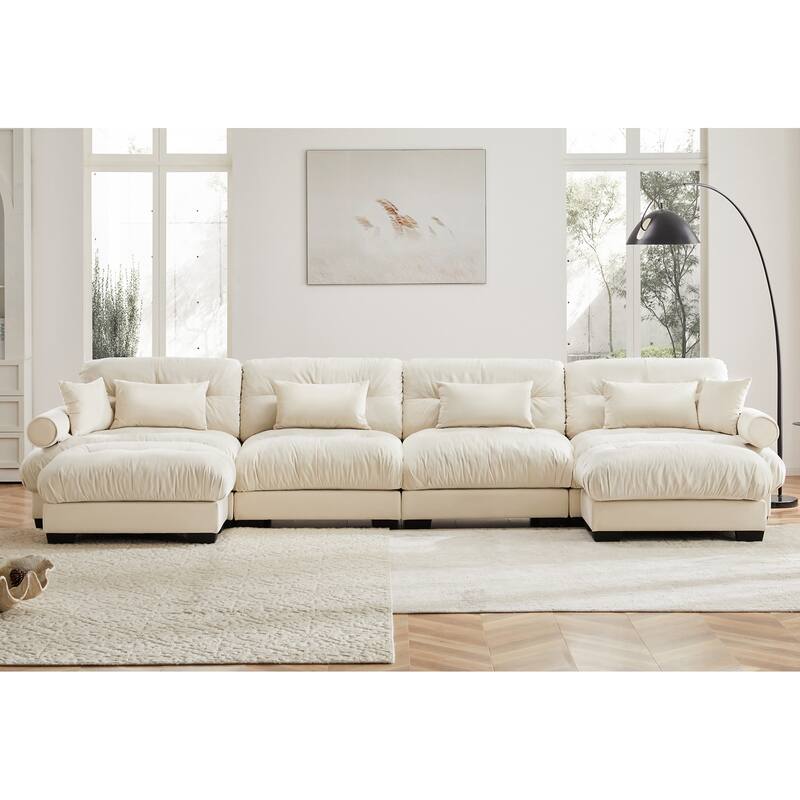 Modern Sectional Couch Comfortable Upholstered Sofa Set with Lumbar Pillow and Throw Pillow for Living Room - 4 Seats + 2 Ottoman - Cream