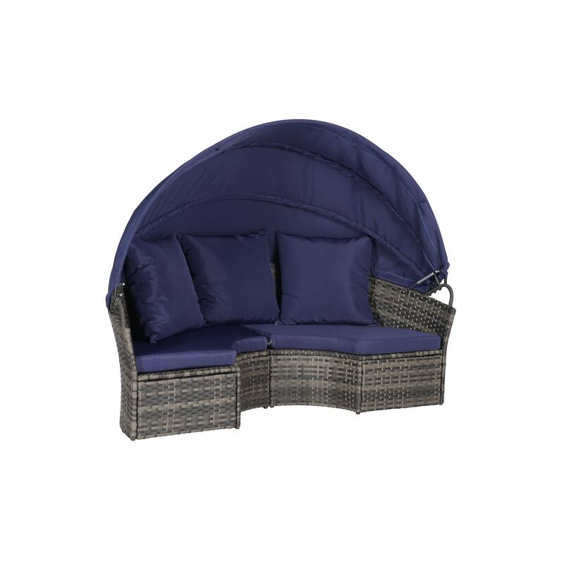 Outdoor Patio 4 Pieces Round Daybed Sunbed with Retractable Canopy, All-weather Wicker Sectional Seating Conversation Set