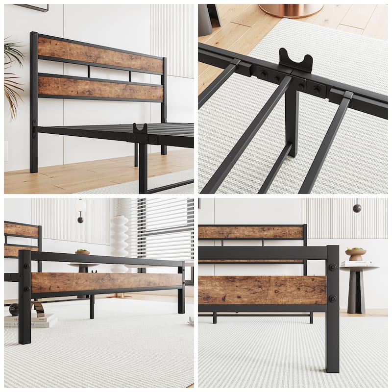 Full Size Black Metal and Rustic Wood Platform Bed