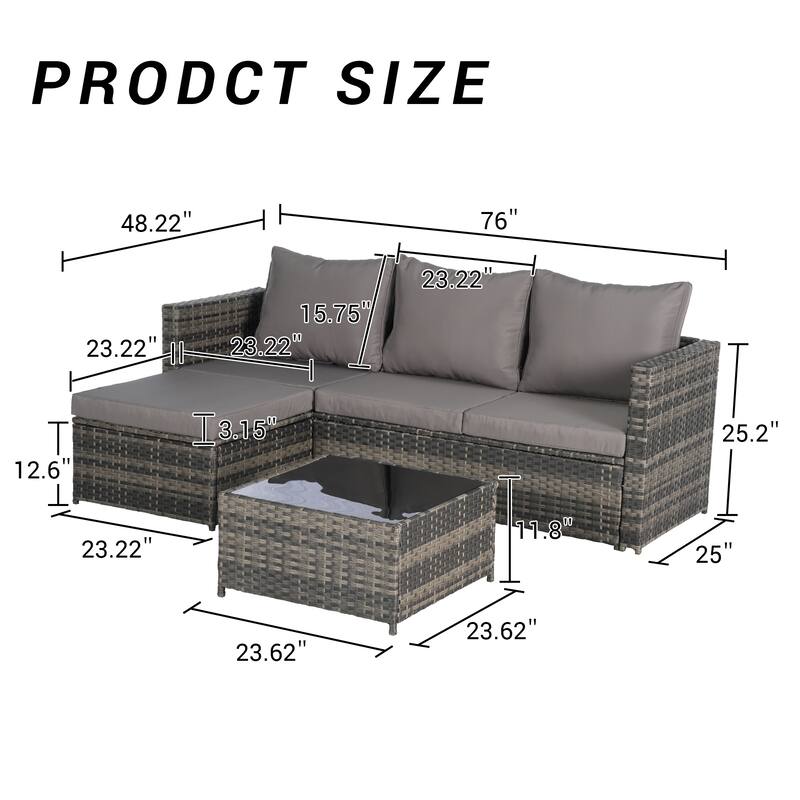 2-Pieces Outdoor Patio L-Shaped Sectional Sofa Set with Glass Coffee Table
