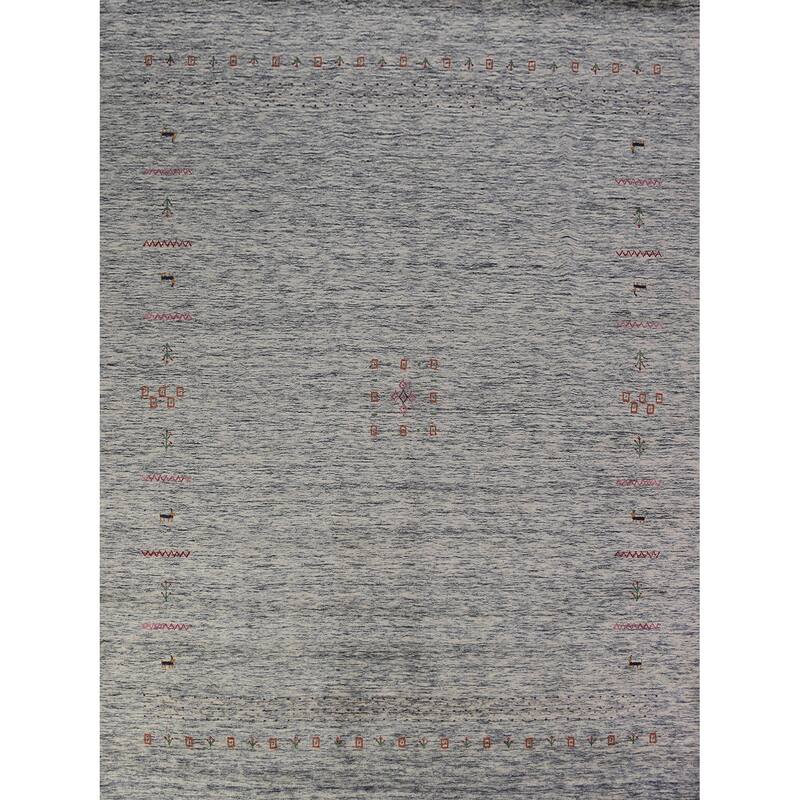 Ivory & Blue Tribal Gabbeh Area Rug Handmade Wool Carpet - 8'3" x 9'8"