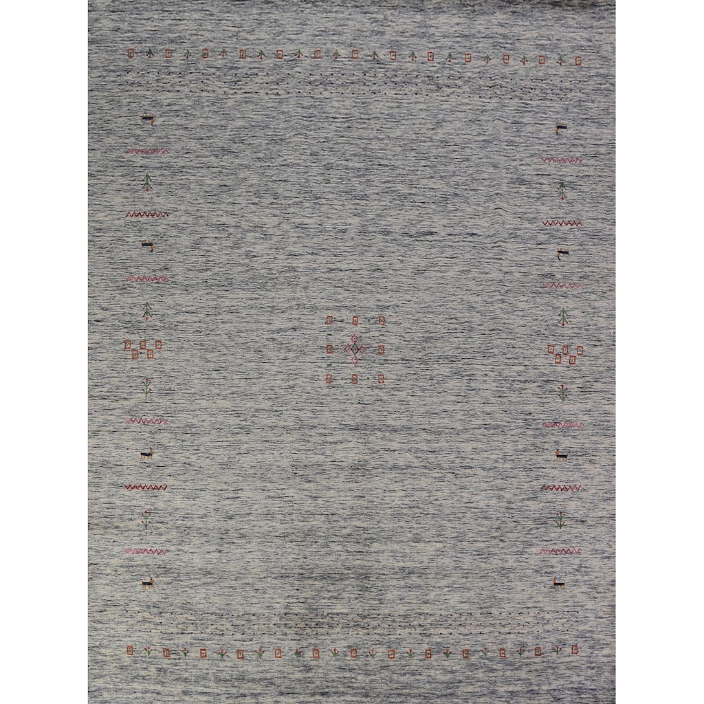 Ivory & Blue Tribal Gabbeh Area Rug Handmade Wool Carpet - 8'3" x 9'8"