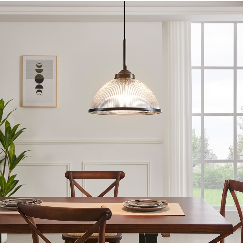 1 Light Modern Black Island Pendant Light with Ribbed Glass Shade