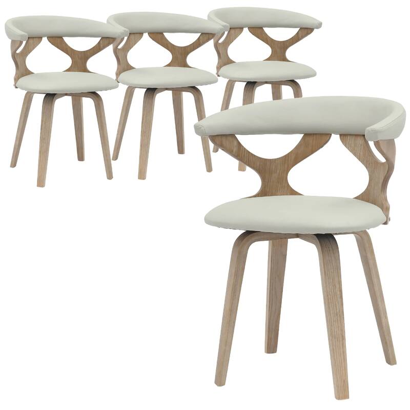Klyne Leather Dining Chair with Poplar Wood Frame - Mid-Century Wooden Accent Chair with Swivel Base Set of 4 - Washed Walnut/Light Grey