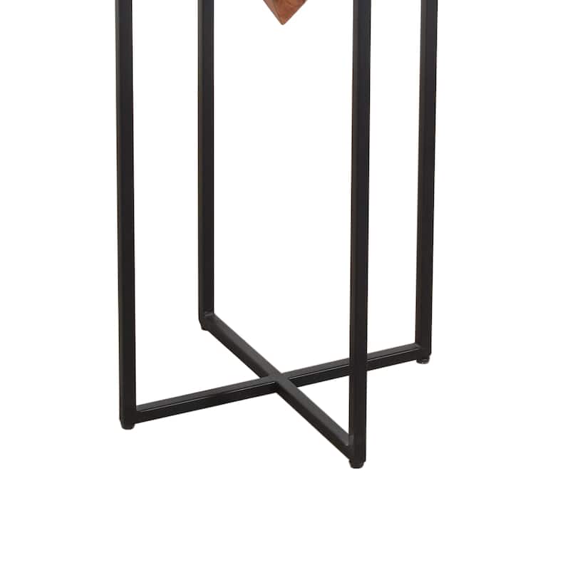 Ida 30 Inch Pyramid Shape Acacia Wood Side Table With Cross Iron Base, Brown and Black