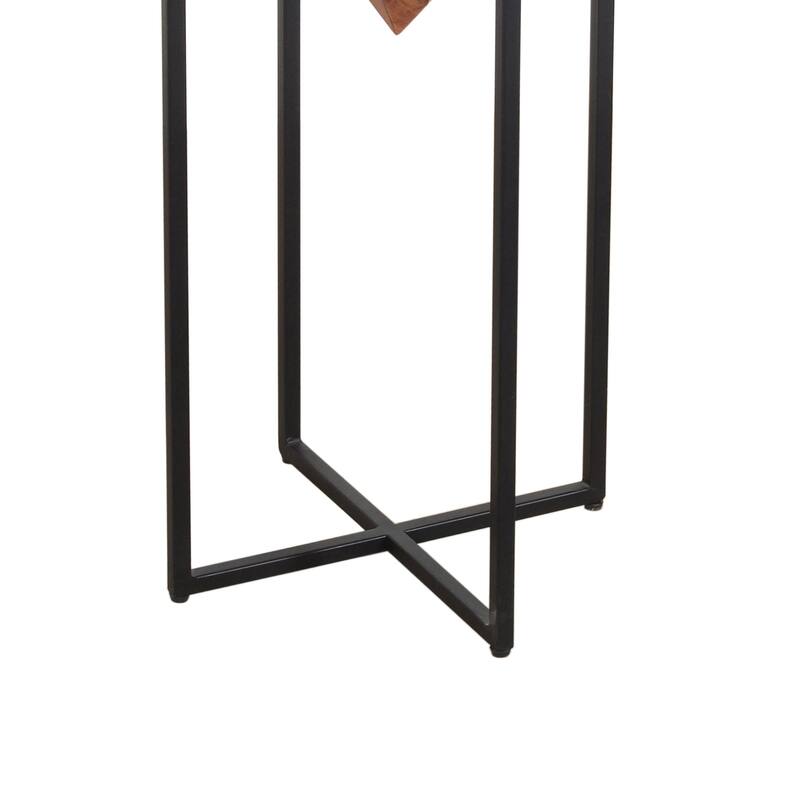 Ida 30 Inch Pyramid Shape Acacia Wood Side Table With Cross Iron Base, Brown and Black