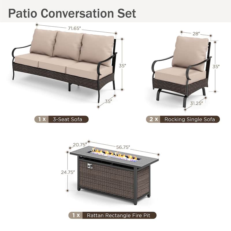 MAISON ARTS 4/6 Pieces Outdoor Heavy-Duty Oversized Metal Conversation Set with Fire Pit Table