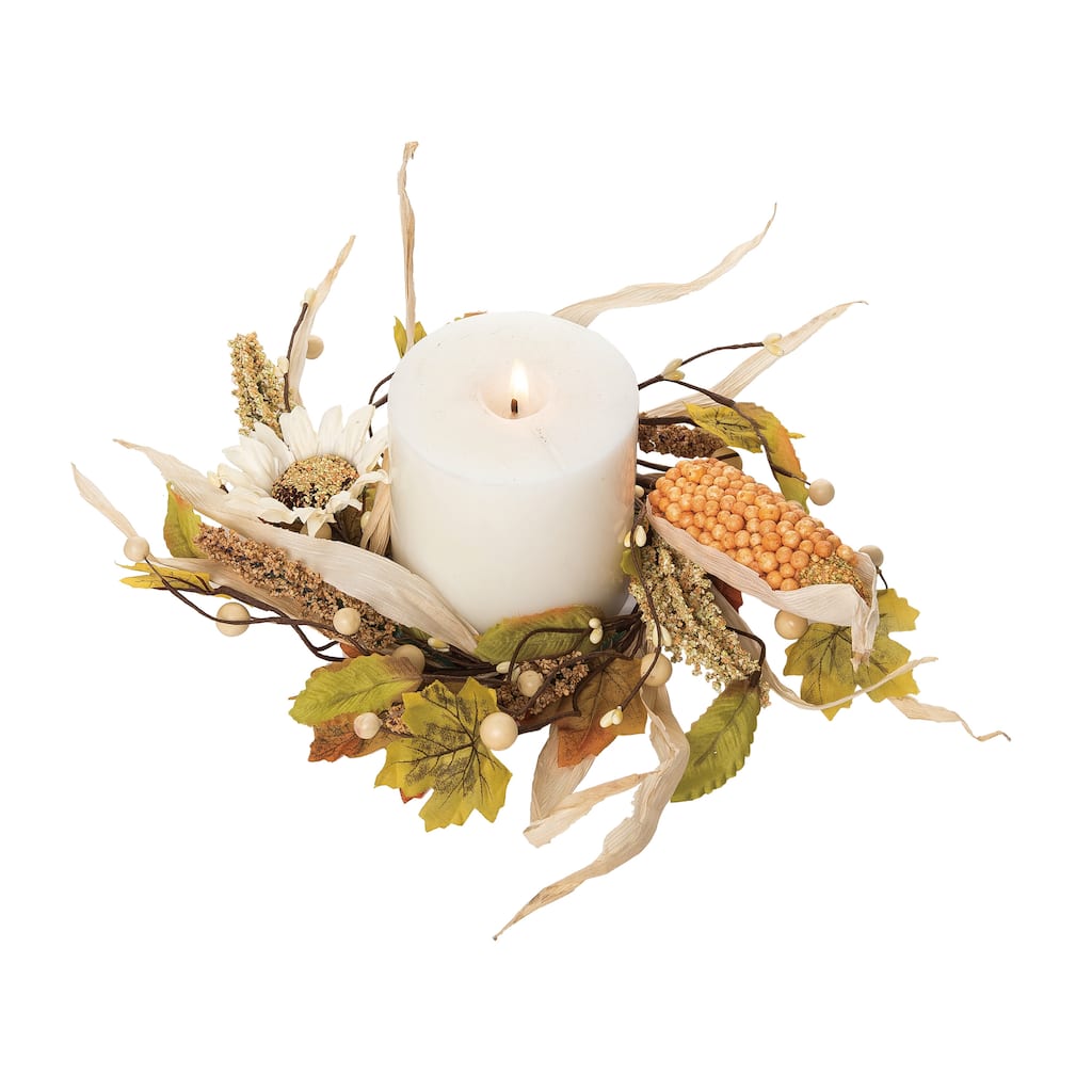 Transpac Metal 12 in. Yellow Harvest Rustic Sunflower and Cotton Candle Ring