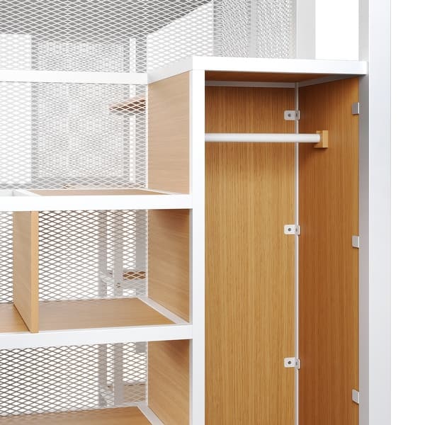 dimension image slide 0 of 2, Full Size Loft Bed with Storage Wardrobe and Staircase, Kids Metal Bed with Desk, Storage Shelves,White