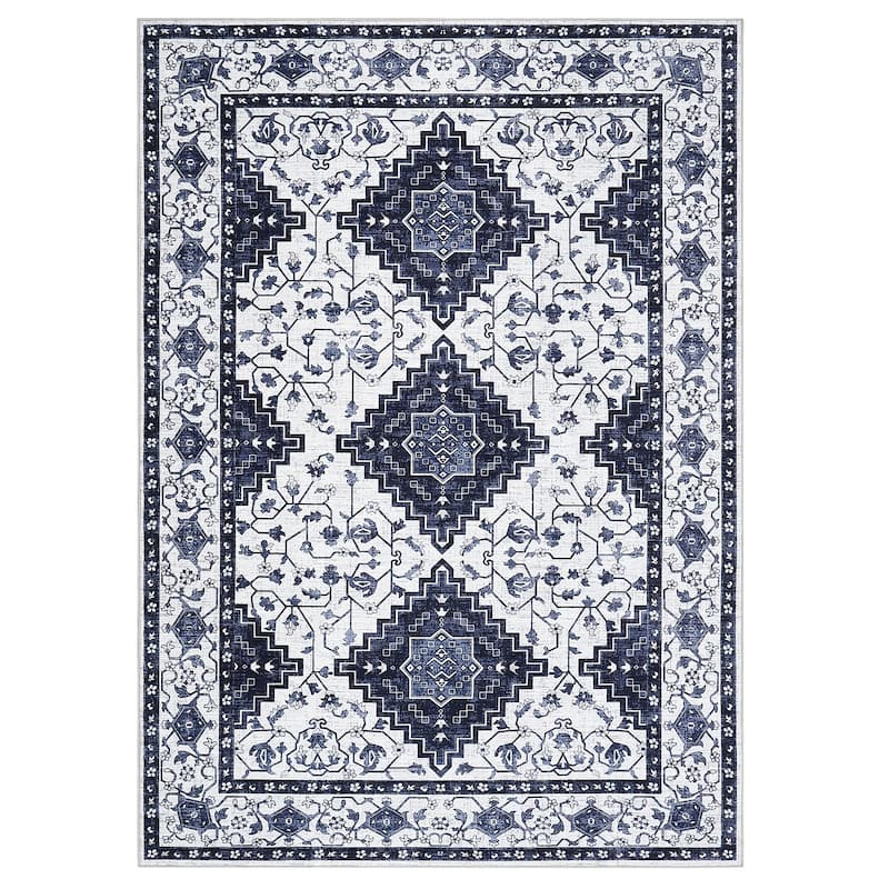 Washable Area Rug Vintage Boho Rug Low Pile Non-Slip Area Rugs Soft Foldable Indoor Carpet