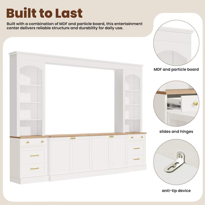 Farmhouse Arched Entertainment Center Wall Unit with Bookshelf,for TVs Up to 70",106"Multi-Functional Media Console with Drawer