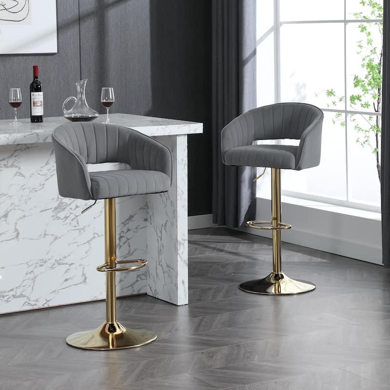 Velvet Bar Chair with Adjustable Height, Counter Height Chair with Footrest, Kitchen Island Stools with Armrest - Gray