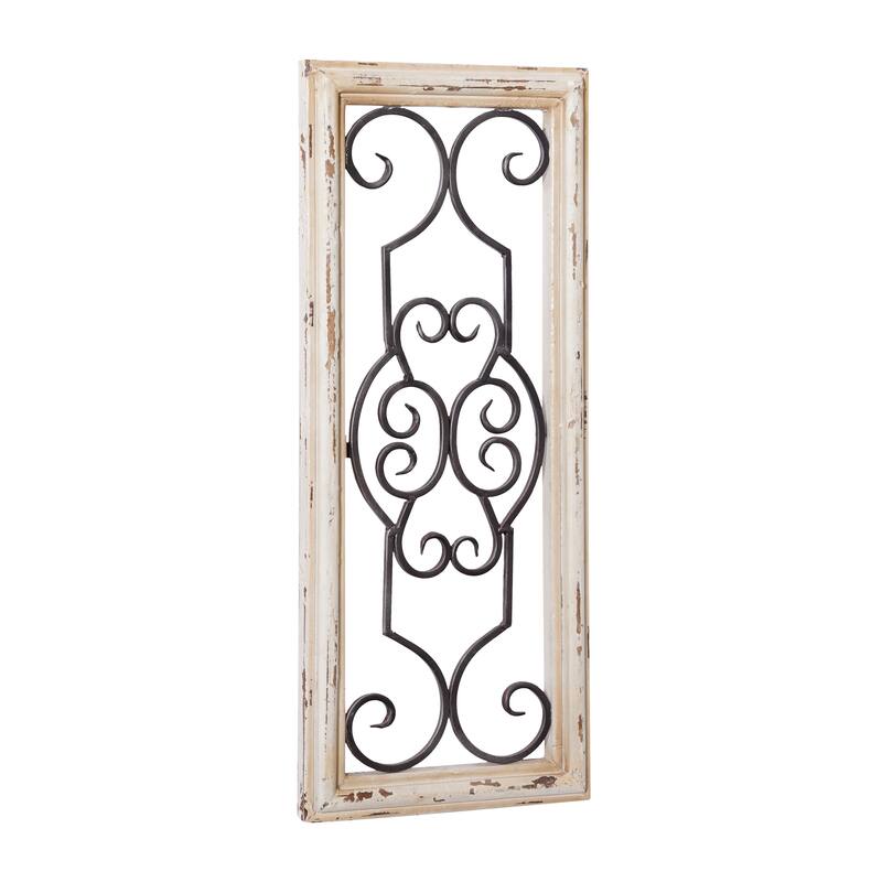 White Wood Small Panel Scroll Home Wall Decor with Black Metal Scrollwork