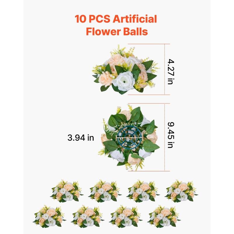 Champagne-White Silk Flower Balls Set of 10 with Plastic Base for Decor - 9.45 x 9.45 x 4.27 inch