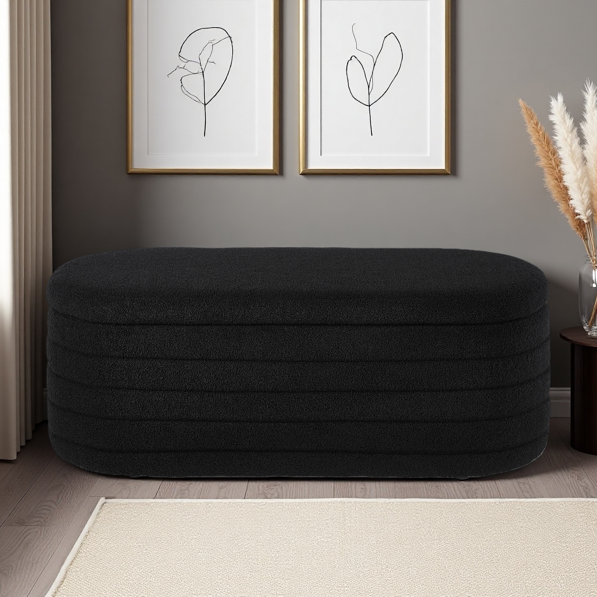 43"L Large Oval Storage Ottoman End of Bed Bench, Upholstered Boucle Teddy Fabric, Safety Hinge, Extra Seating, Hidden Storage