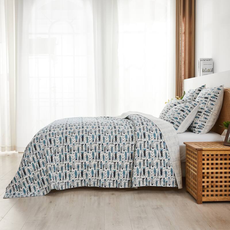 Melange Hand Stitched Kantha Block Print Fish Coverlets and Shams