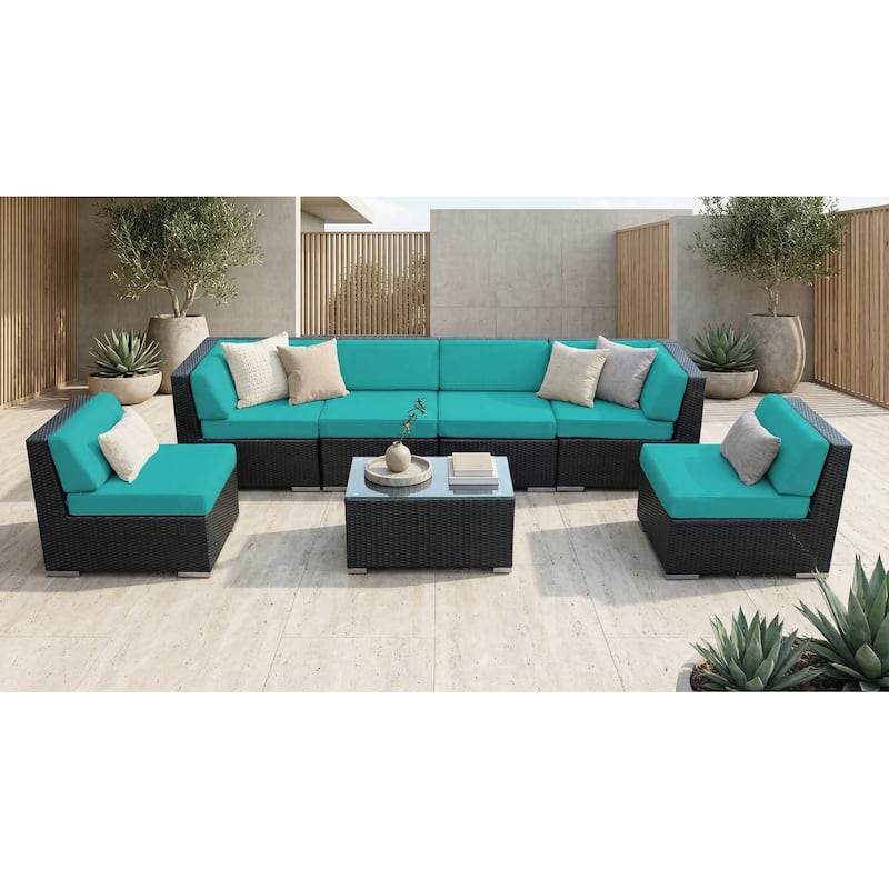 Ohana Outdoor 7-pc. Cushioned Black Wicker Conversation Set - No Assembly - Turquoise