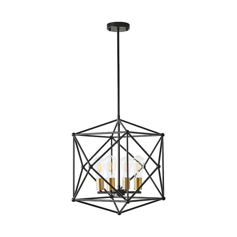 4-Light Geometric Black Metal Cage Chandelier with Gold - Accent Bulb Bases - Matte Black