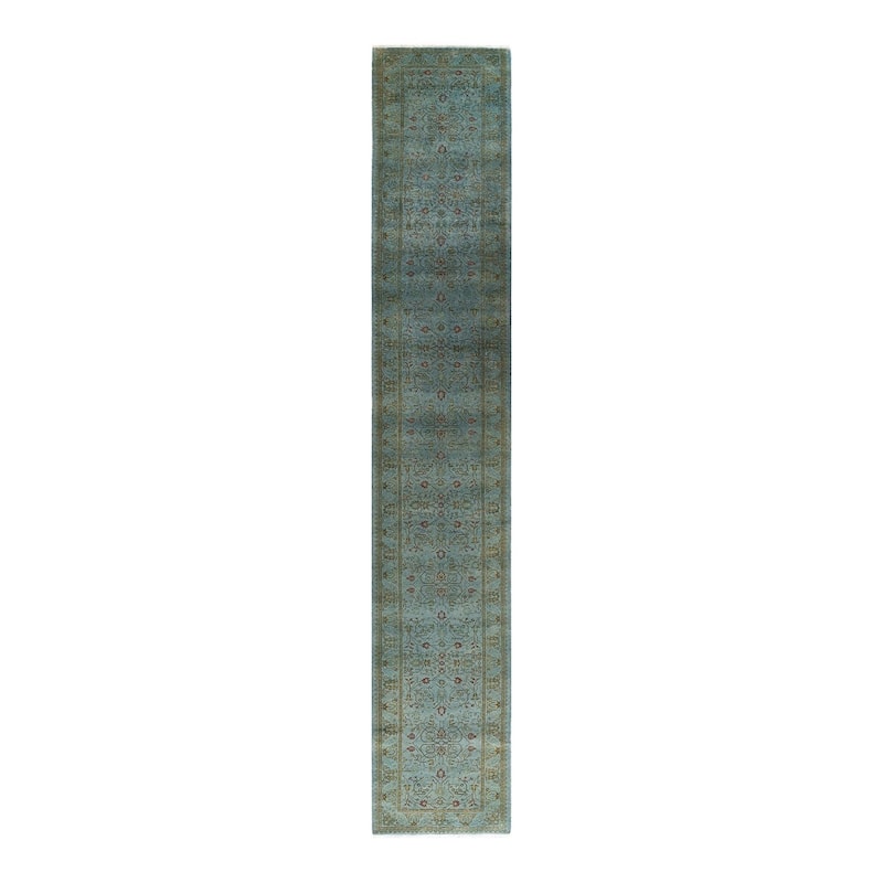Overton Hand Knotted Wool Vintage Inspired Modern Contemporary Overdyed Blue Runner Rug - 2' 7" x 15' 8"