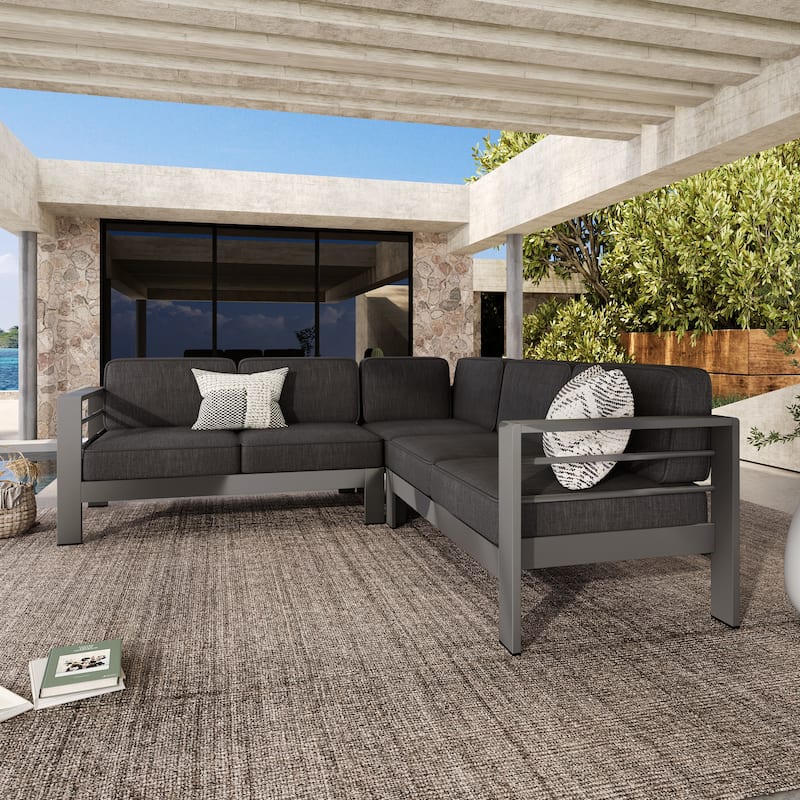 Christopher Knight Home - Ethan Outdoor V-Shaped Aluminum 4-Seat Sectional Sofa Set with Waterproof Cushion