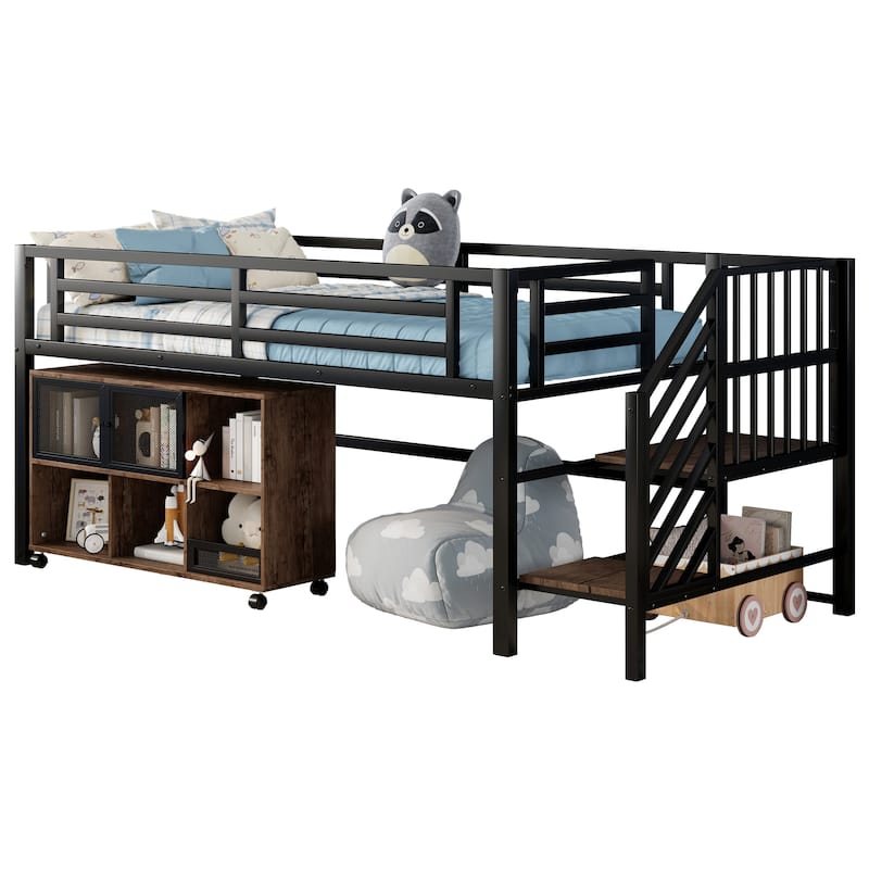 Twin Size Metal Loft Bed with Movable Storage Cabinets, Low Loft Bed Metal Frame Bed with Stairs for Kids