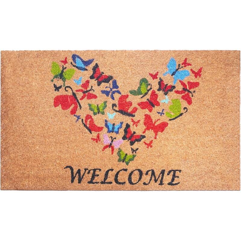 HomeRoots 17" X 29" Brown And Red Butterfly Heart Welcome Outdoor Coir Door Mat - 17.00' X '29.00