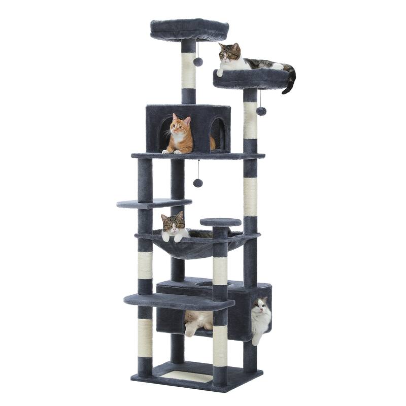 Large Cat Tower Cat Condo with Scratching Posts and Pads, 2 Padded Perch, Dual Condo and Basket - Dark Grey