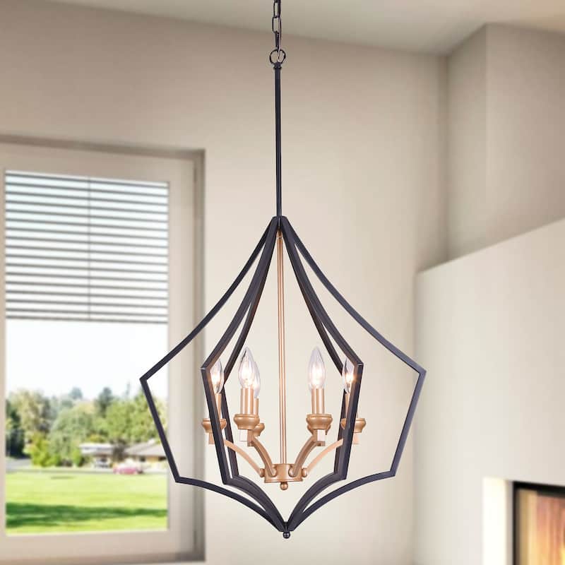 Freine Matte Black and Bronze 6-Light Abstract Chandelier with Black Outer Cage