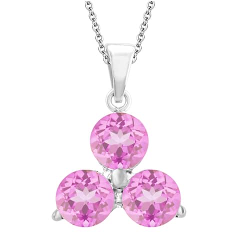 Sterling Silver with Pink Sapphire 3- Stone Pendant with 18" Chain