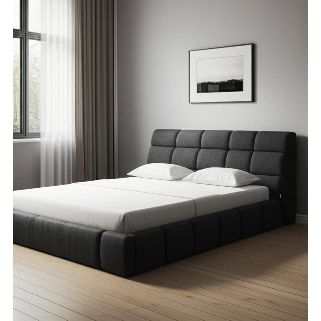 HomeRoots Dark Gray Tufted Linen Blend Upholstered Queen Bed Frame