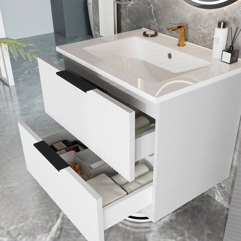 24" Floating Bathroom Vanity with Ceramic Sink - Wall Mounted Fluted Vanity Cabinet with Drawers, for Small Bathrooms
