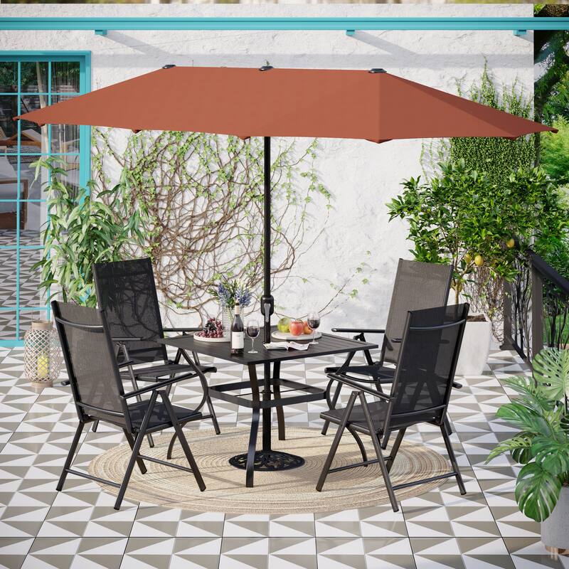 6-piece Patio Dining Set, 1 Square Metal table, 4 Adjustable Folding Chairs and 13ft Umbrella - Red