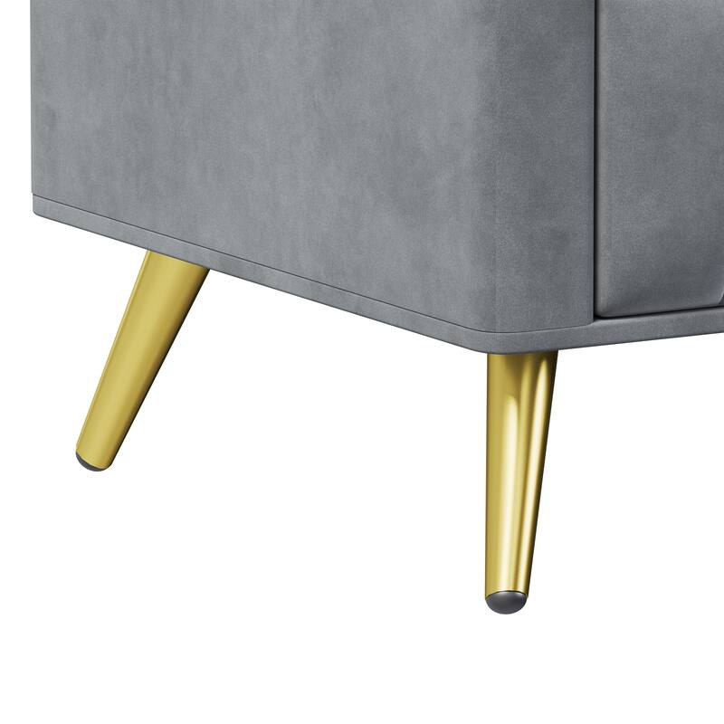 Upholstered Wooden Nightstand with 3 Drawers and Metal Legs&Handles, Bedside Table with Marbling Stickers Worktop - Grey