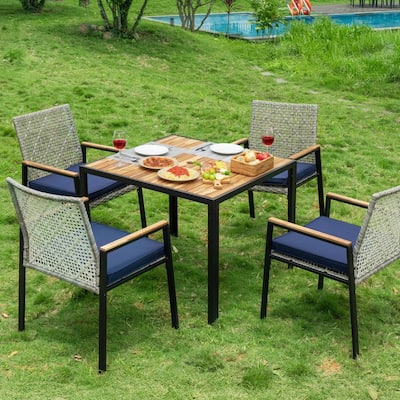 All Weather 5-Piece Patio Dining Table Sets, Patio Conversation Set Acacia Wood Table Top with Umbrella Hole, Rattan Outdoor