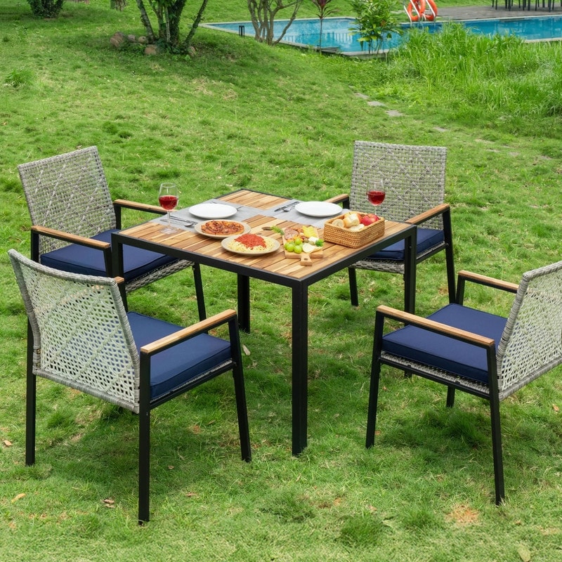All Weather 5-Piece Patio Dining Table Sets, Patio Conversation Set Acacia Wood Table Top with Umbrella Hole, Rattan Outdoor