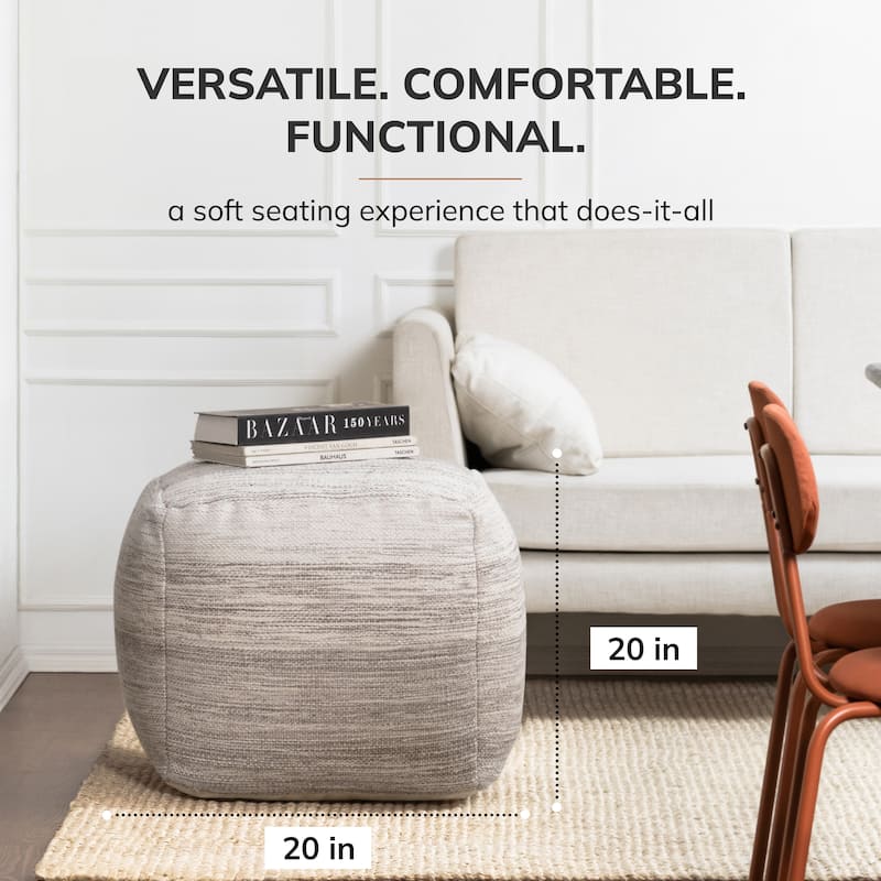 Jani Halifax 20-inch Gray & Ivory Square Pouf Ottoman - Handmade Footrest for Living Room, Bedroom, Nursery