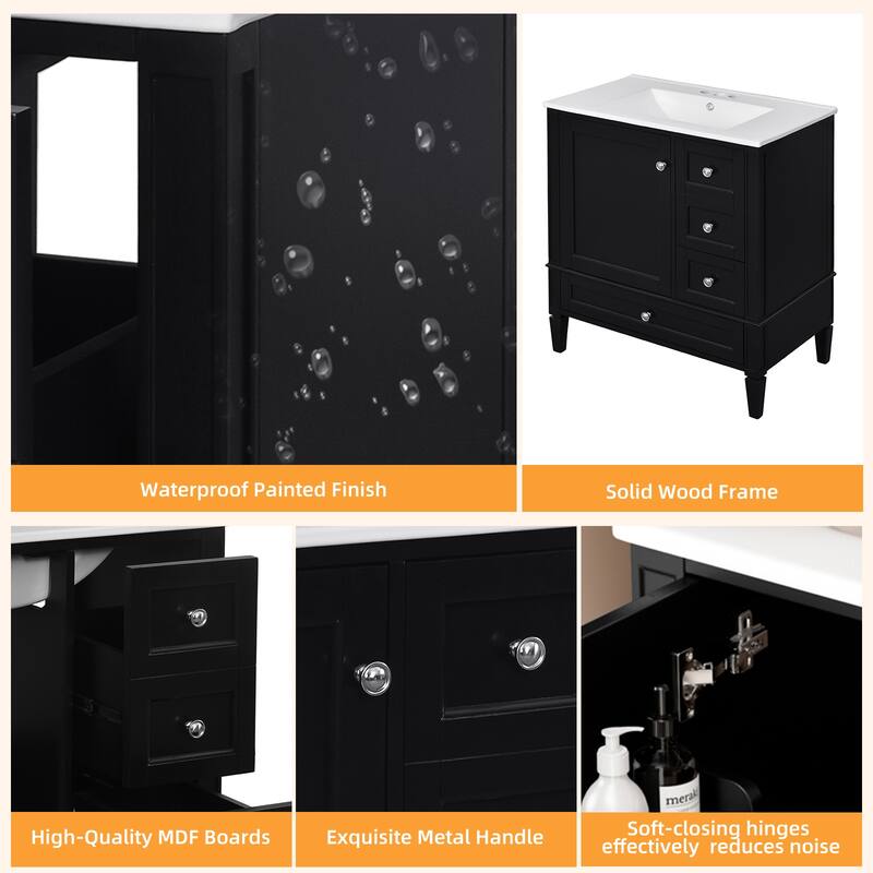 30" Bathroom Vanity with Ceramic Sink - Solid Wood Frame with 3 Drawers, Modern Bathroom Storage Cabinet
