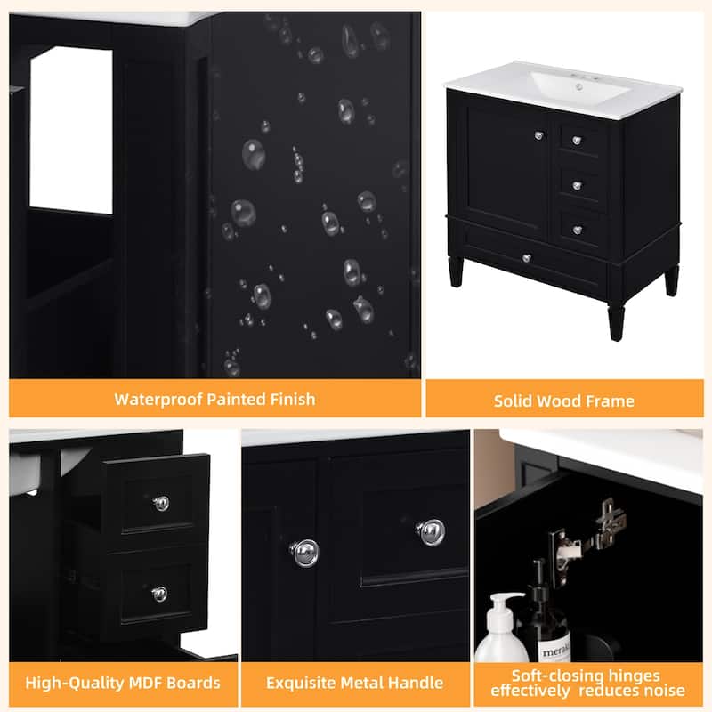 Roomfitters 30" Vanity with Ceramic Sink, Solid Wood Frame Bathroom Cabinet with 3 Drawers, Modern Storage Design