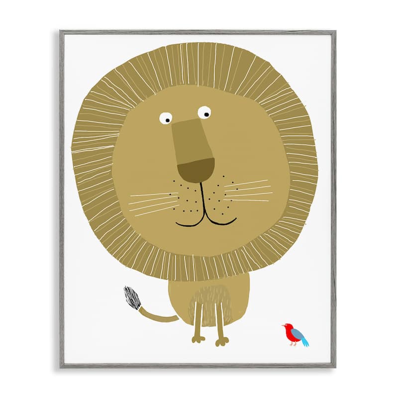 Stupell Friendly Lion & Bird Framed Giclee Art Design By Carla Daly - 11 x 14 - Grey